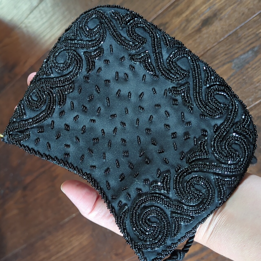 Vintage Formal Black Satin Hand Beaded Mini Purse Made in Hong Kong by Wolberg - Picture 13 of 15